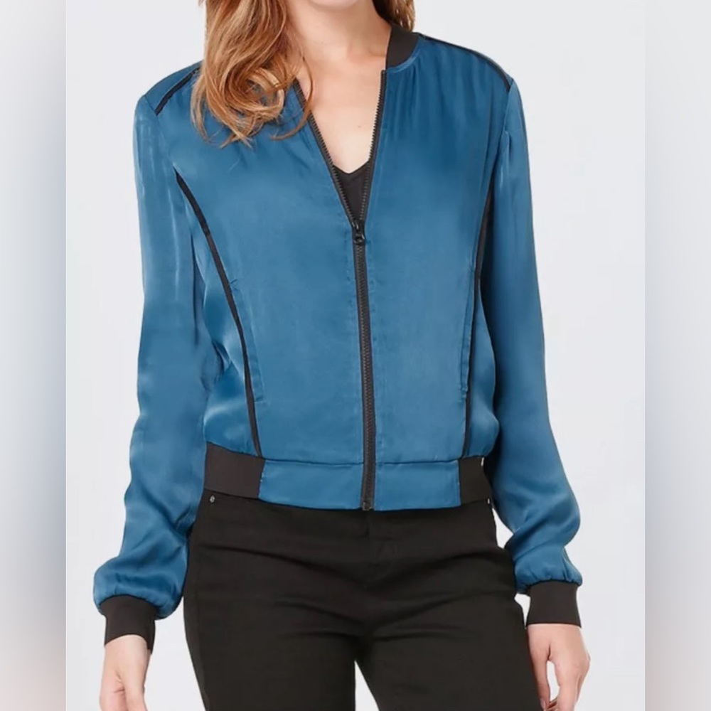 BEBE - Paragon Piped Satin Bomber in Teal